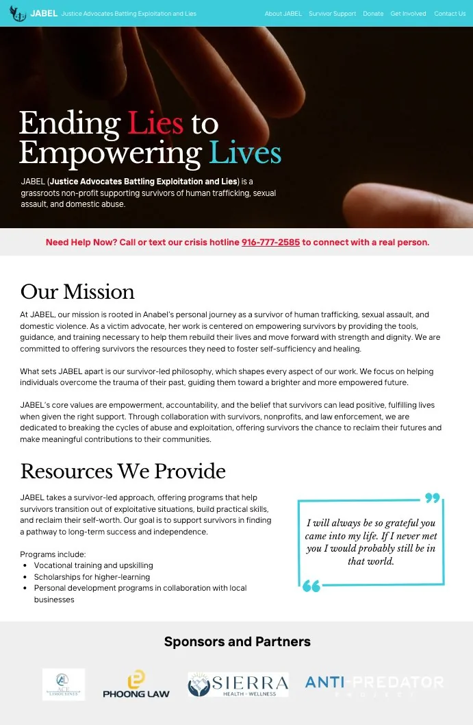 High-fidelity homepage prototype in Canva, with the headline 'Ending Lies to Empowering Lives' over a photo, mission copy, a crisis hotline banner, an Our Mission section with a survivor quote, and a sponsors strip.
