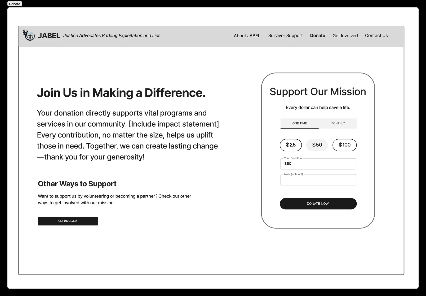 Donate wireframe with a 'Join Us in Making a Difference' headline and a donation form offering one-time or monthly giving at preset amounts of $25, $50, or $100.