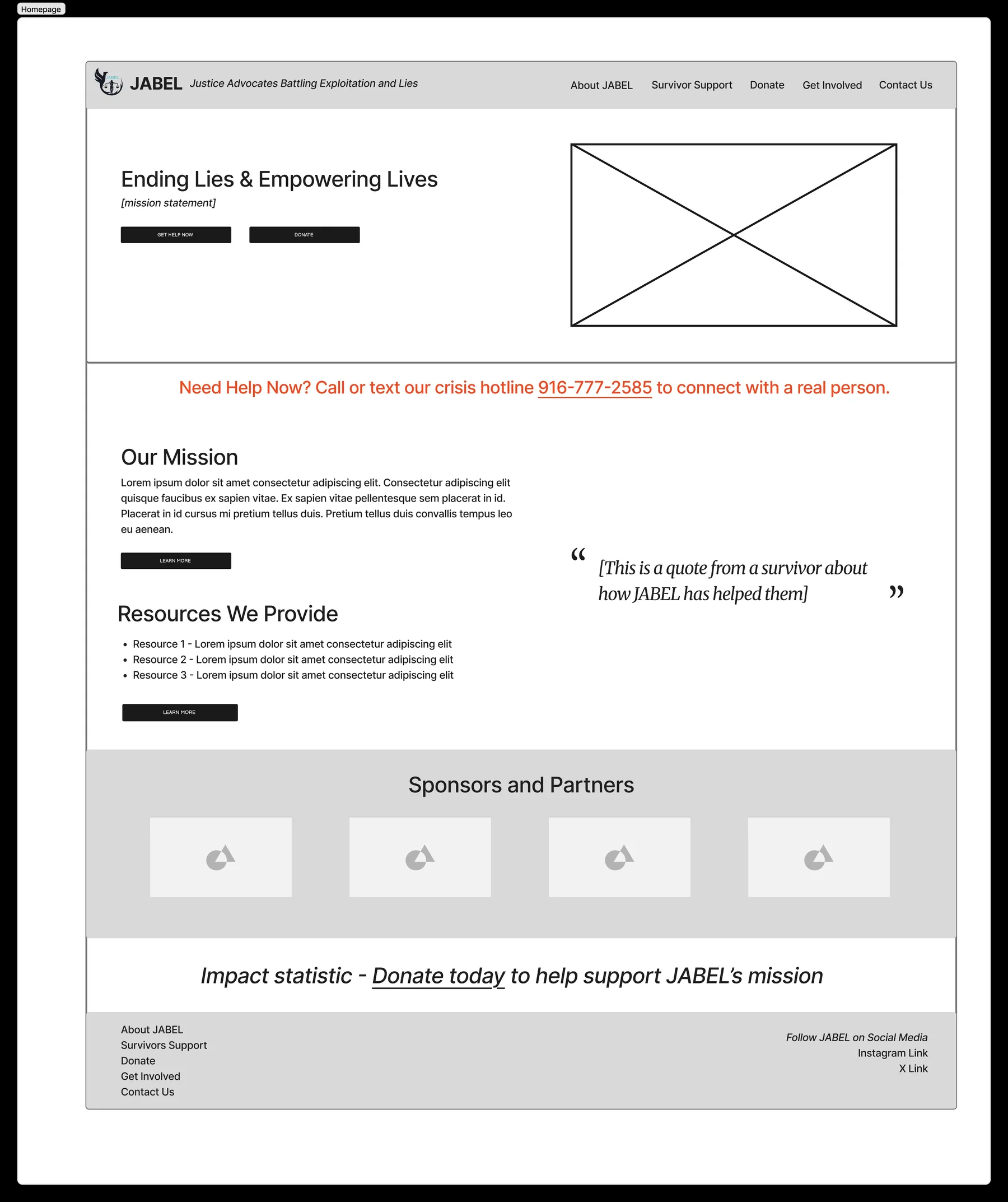 Homepage wireframe with a hero section reading 'Ending Lies & Empowering Lives,' a crisis hotline banner, Our Mission and Resources We Provide sections, a survivor quote, and a sponsors strip.