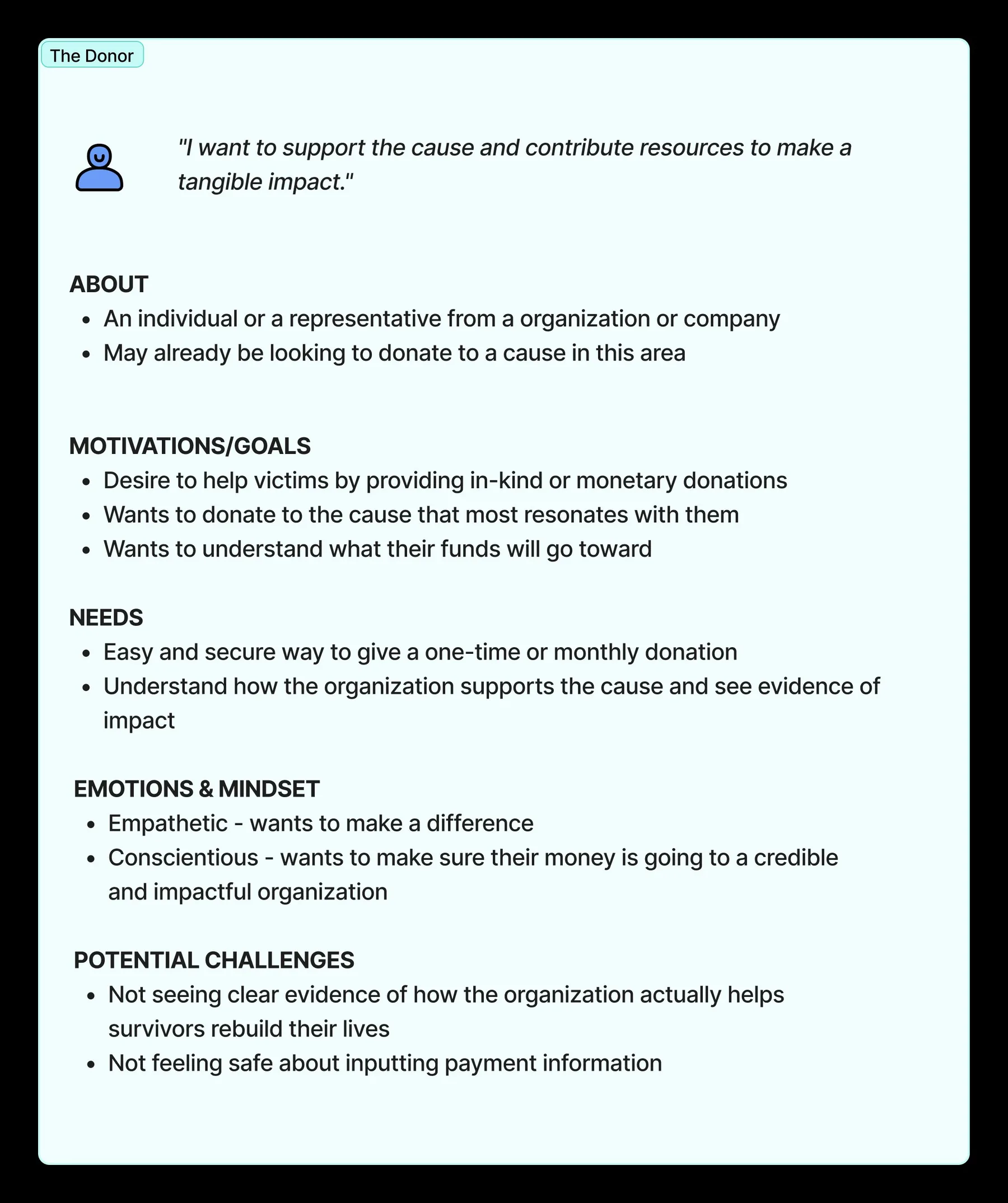 Persona card for The Donor: an individual or company representative who wants an easy, secure way to give, and needs to see clear evidence of impact before trusting the organization with payment information.