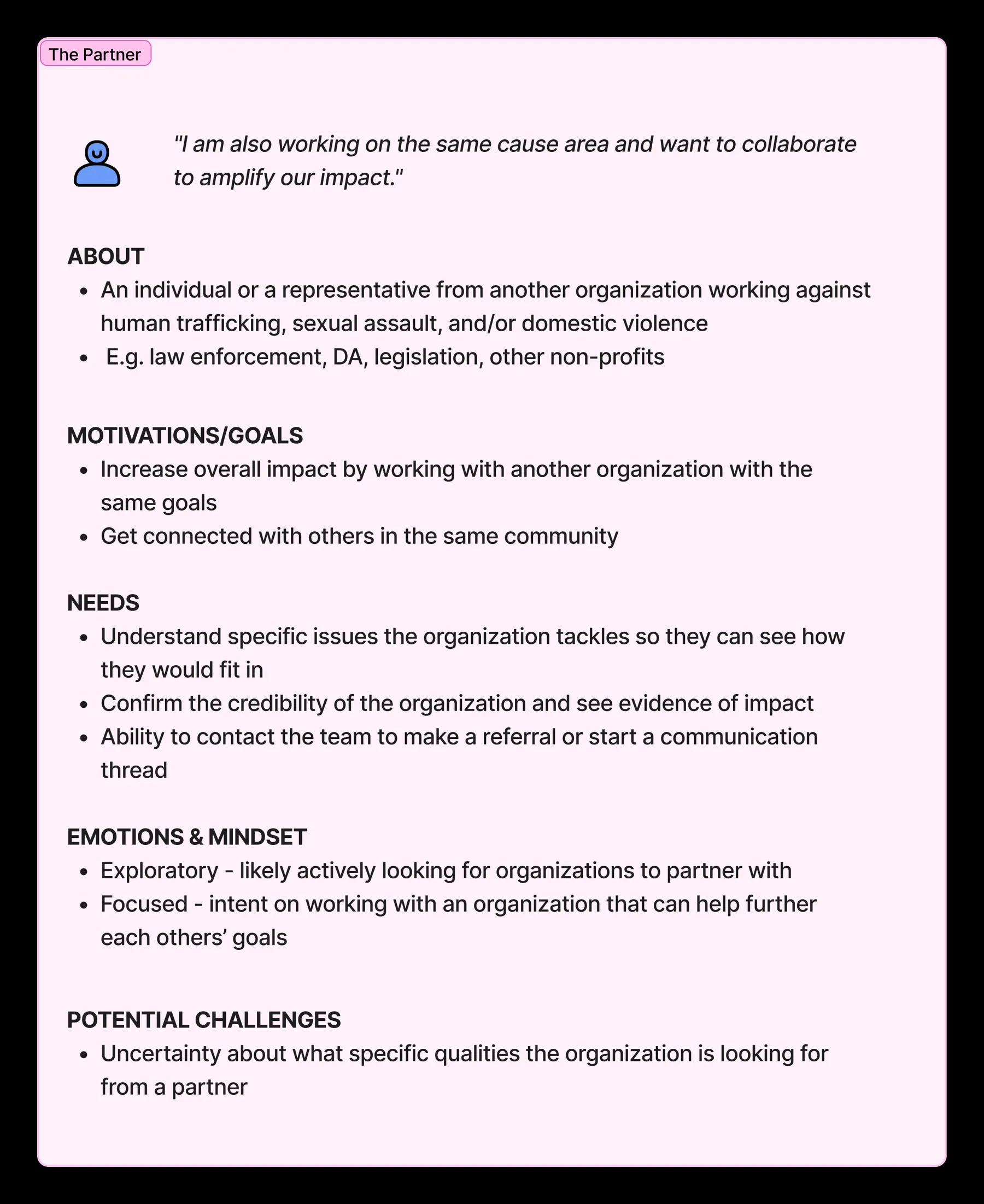 Persona card for The Partner: a representative from another organization working in the same cause area, looking to confirm JABEL's credibility and start a conversation about collaboration.
