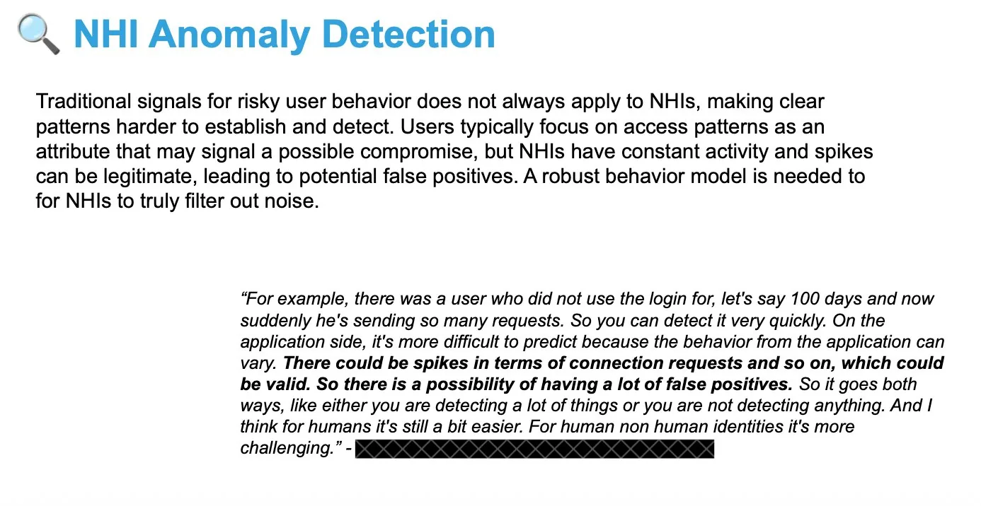Slide on NHI anomaly detection, explaining that traditional behavioral signals don't map cleanly onto NHIs and that a robust behavior model is needed to filter out false positives.