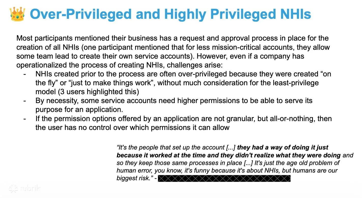 Slide on over-privileged and highly privileged NHIs, describing how legacy NHIs are often created with excess permissions and how all-or-nothing permission models leave users no real control.