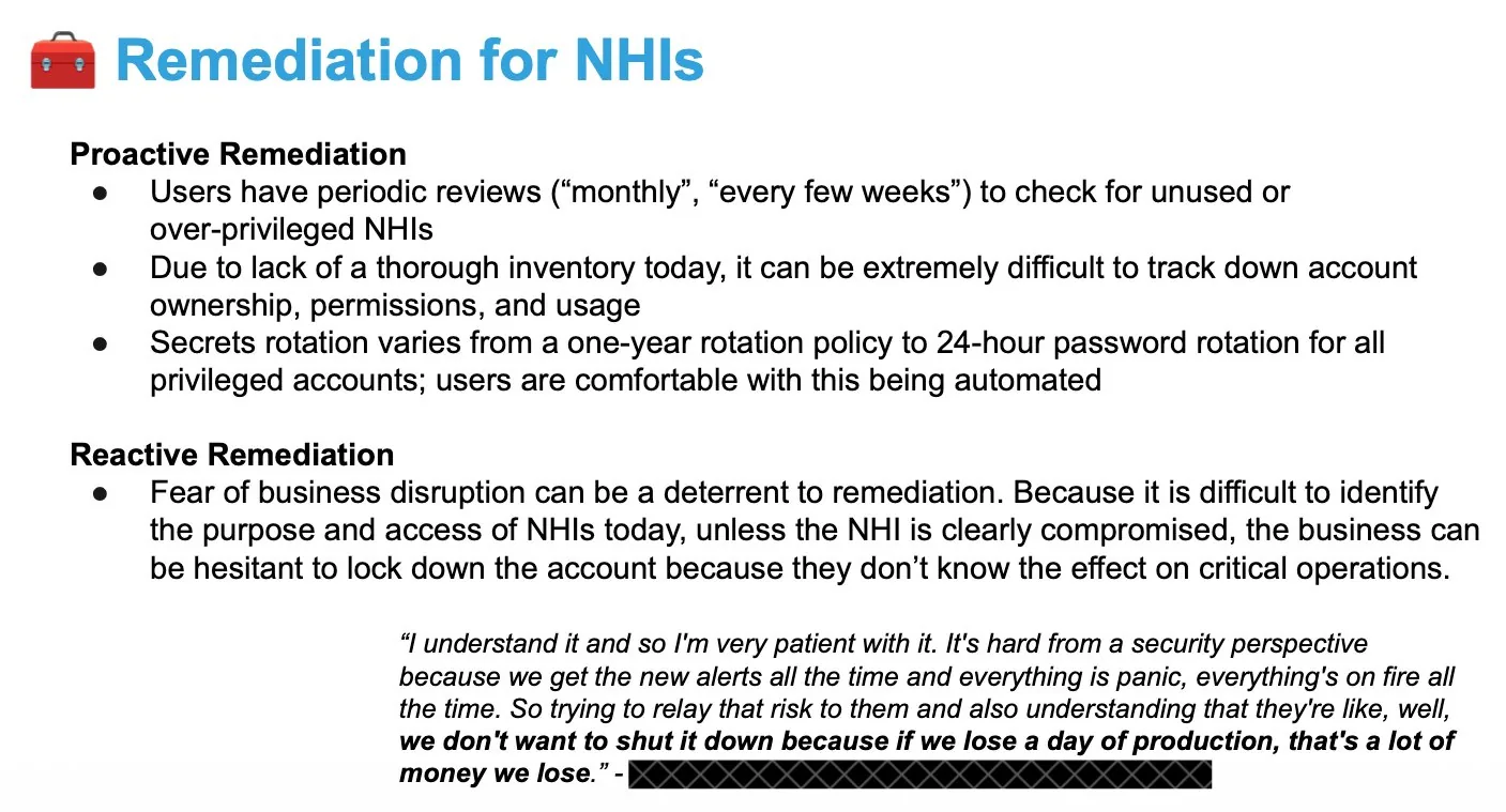 Slide on remediation for NHIs, distinguishing proactive remediation (periodic review) from reactive remediation, and noting fear of business disruption as a real deterrent to locking down a compromised NHI.